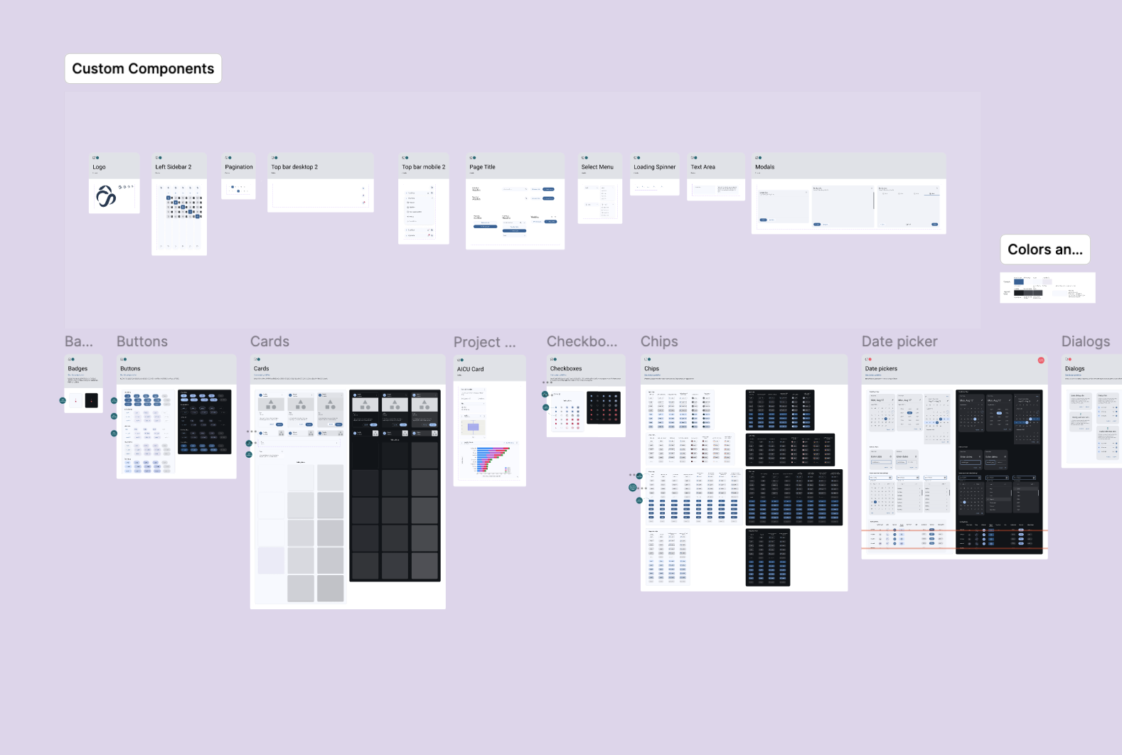 Component overview with application-specific elements, buttons, cards, inputs and dialogs