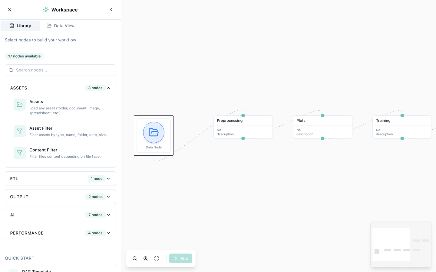 AICU workflow study with a component library and connected steps for data, preprocessing, visualisation and training