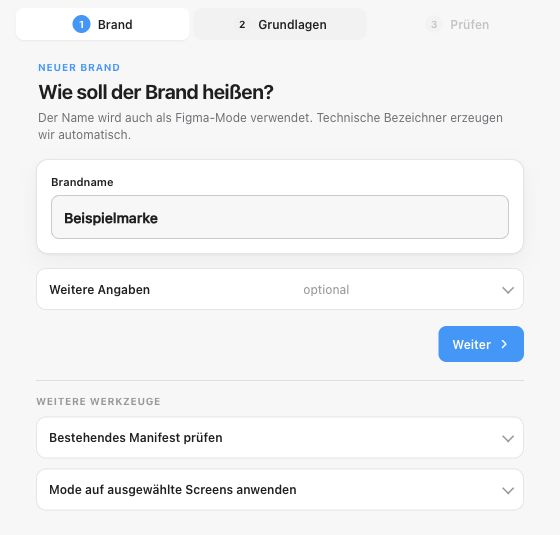 Original Brand Onboarder interface with Brand, Foundations and Review steps and an example brand