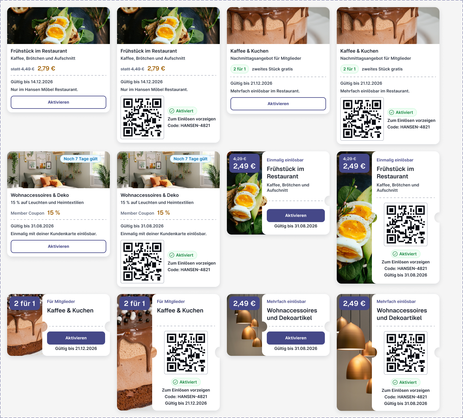 FurniLoy coupon components in different formats, before and after activation