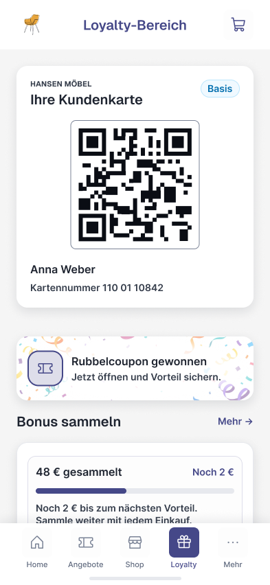 Customer card and coupon entry point in the loyalty area of the current FurniLoy design
