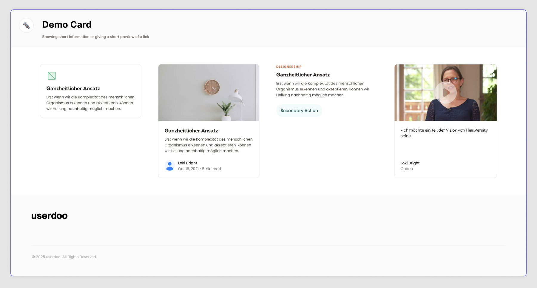 Documented card variants in the userdoo design system for HealVersity: text, image, action and video