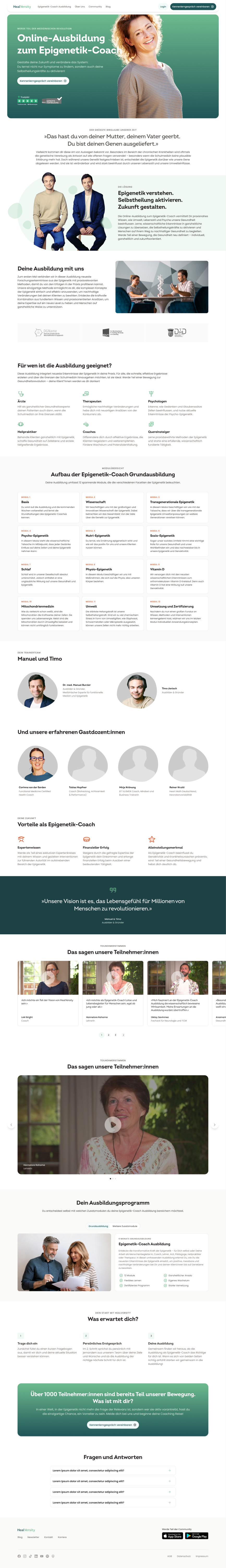 Upper portion of the training landing page with hero, introduction, founders and further information modules