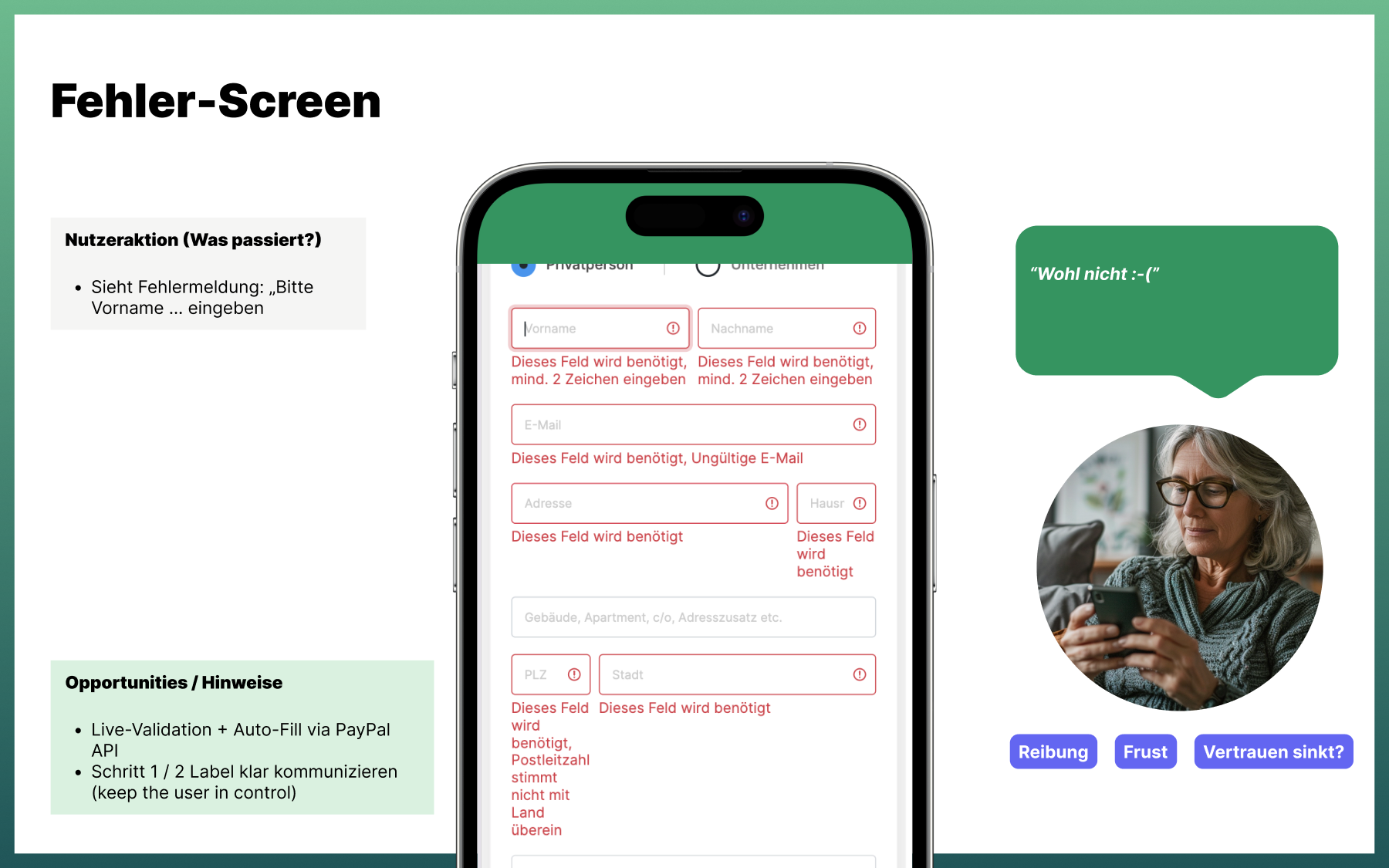 Walkthrough of an existing checkout form with error messages and recommendations for validation, autofill and progress indication