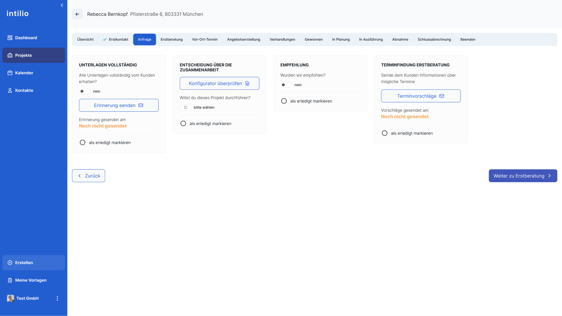 Phase Anfrage mit Aufgaben zur Vollständigkeit von Unterlagen, Entscheidung über die Zusammenarbeit, Empfehlung und Terminfindung