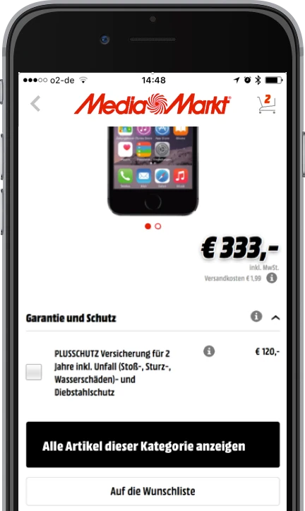Testversion der Produktdetailseite mit dem unten angeordneten Einstieg zu weiteren Artikeln derselben Kategorie