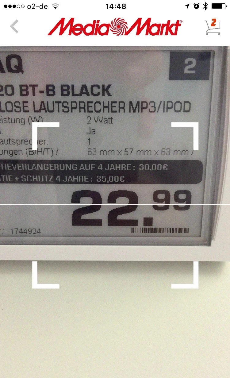 Testversion des Barcode-Scans mit Suchrahmen vor einem Preisschild