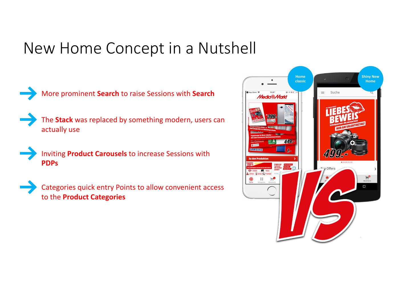 Original slide comparing the old and new app-home concepts and the goals for search, product carousels and categories