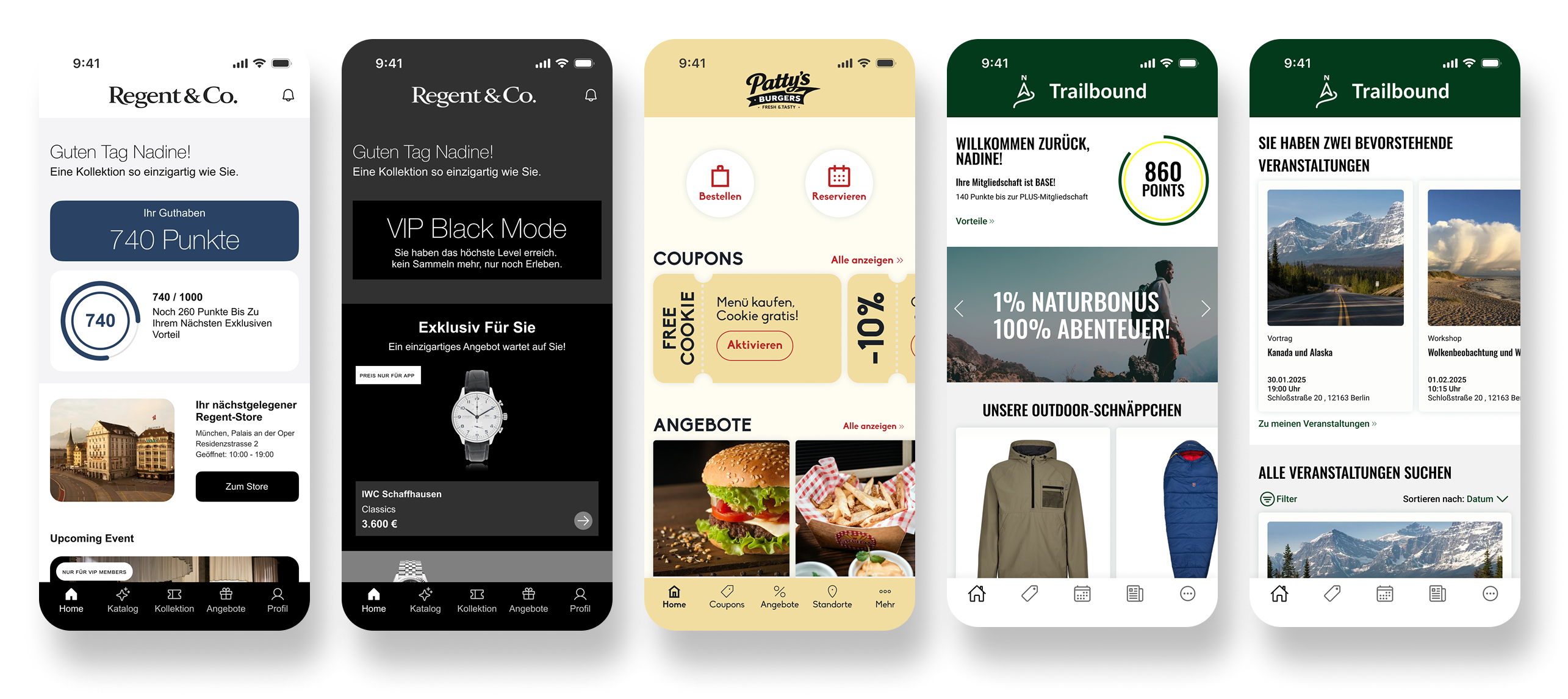 Fünf ausgearbeitete Mobile-Ansichten: Punkteübersicht, VIP-Mitgliedschaft, Coupons, Outdoor-Angebote und Veranstaltungen