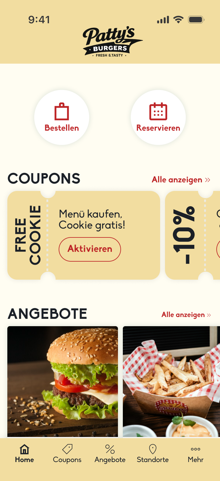 Gastronomie-Konzept mit direkten Einstiegen für Bestellen und Reservieren sowie aktivierbaren Coupons