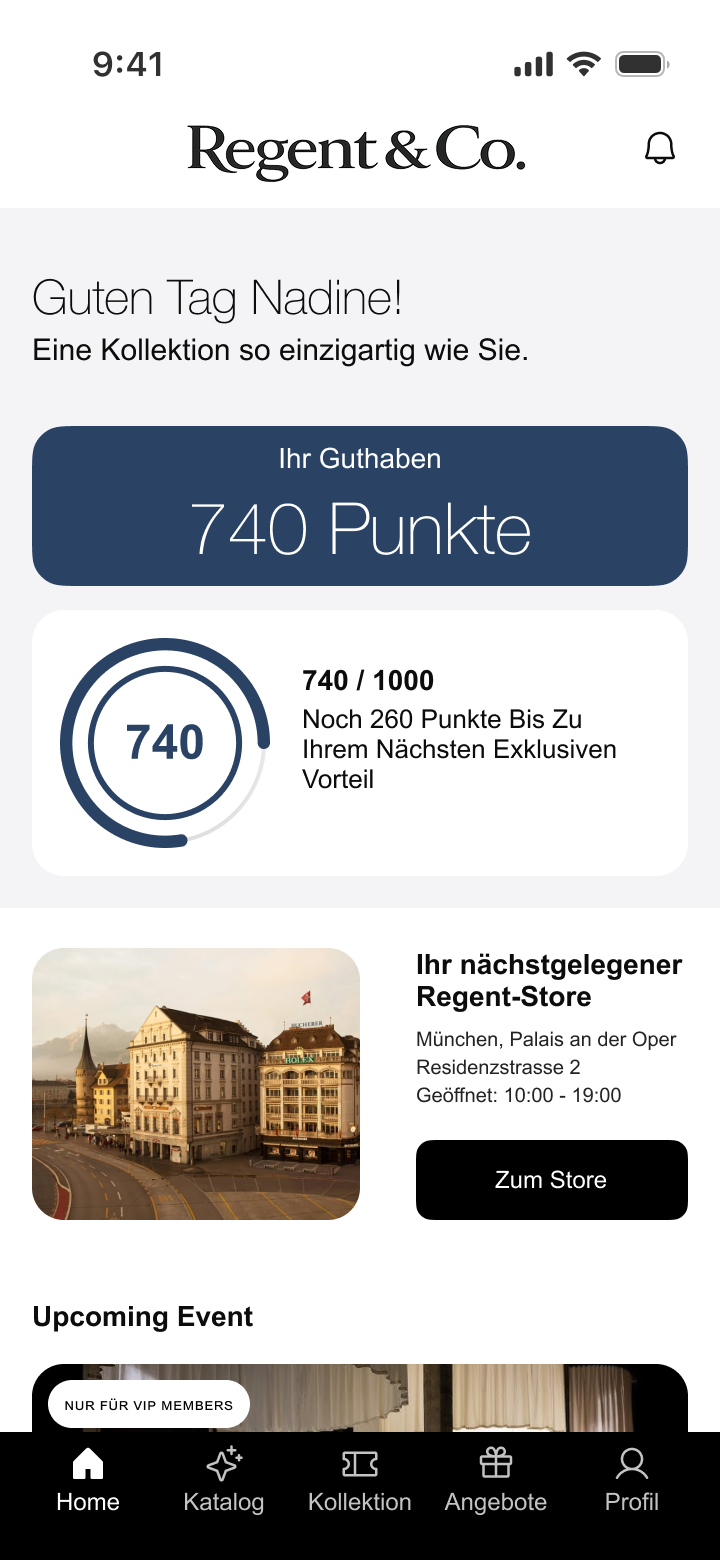 Regent & Co. mit 740 Punkten, Fortschritt zum nächsten Vorteil und einer Filiale in der Nähe