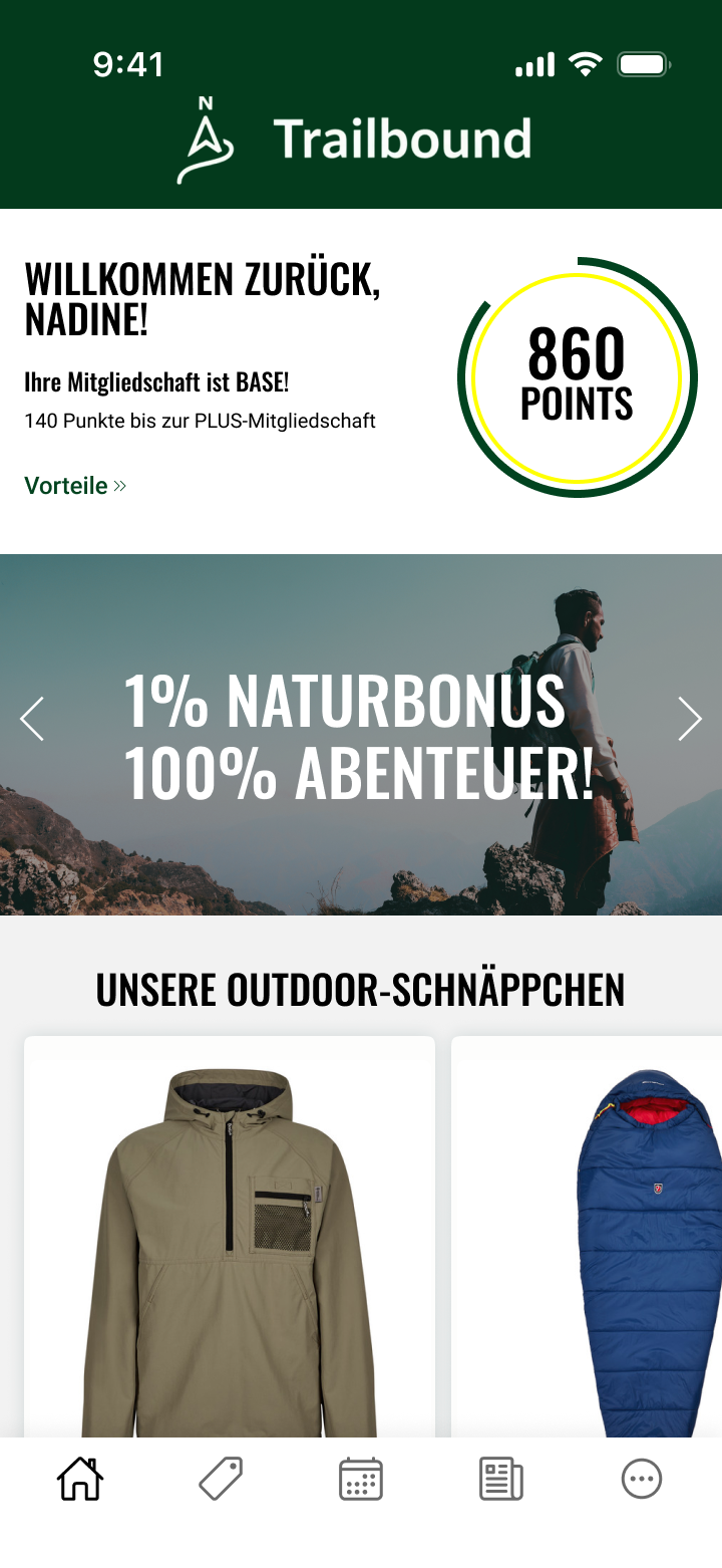 Outdoor-Konzept mit Mitgliedsstatus, Punkten, Naturbonus und Produktangeboten