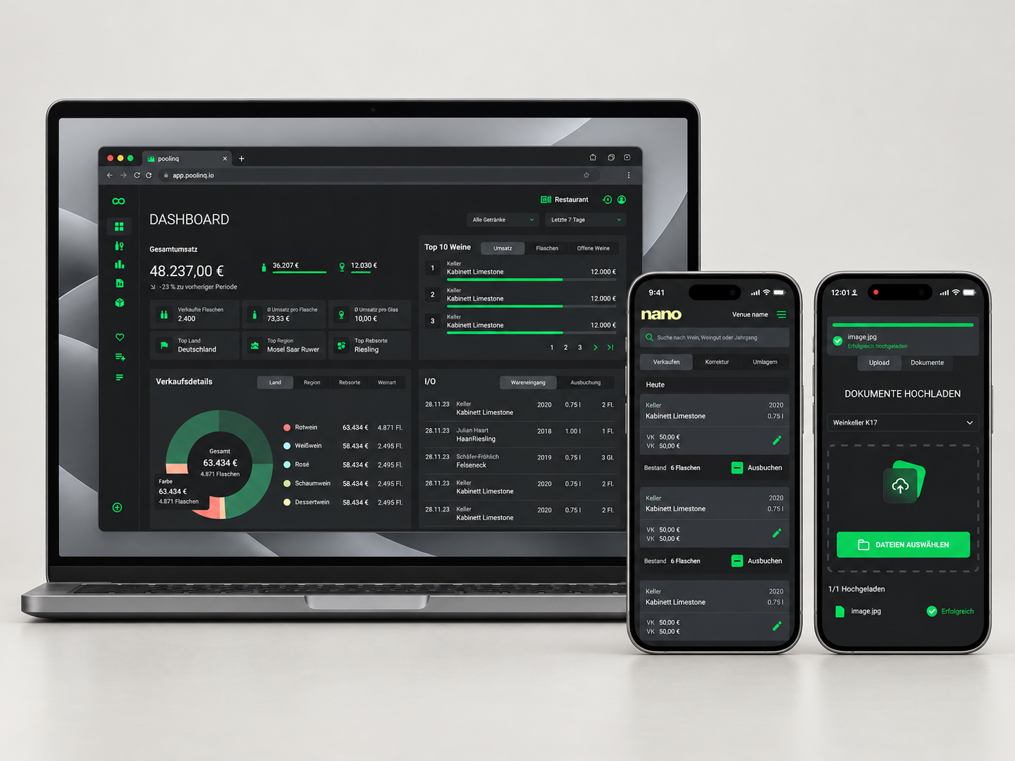 poolinq Core on a complete laptop, with Nano and Drop on two smartphones beside it
