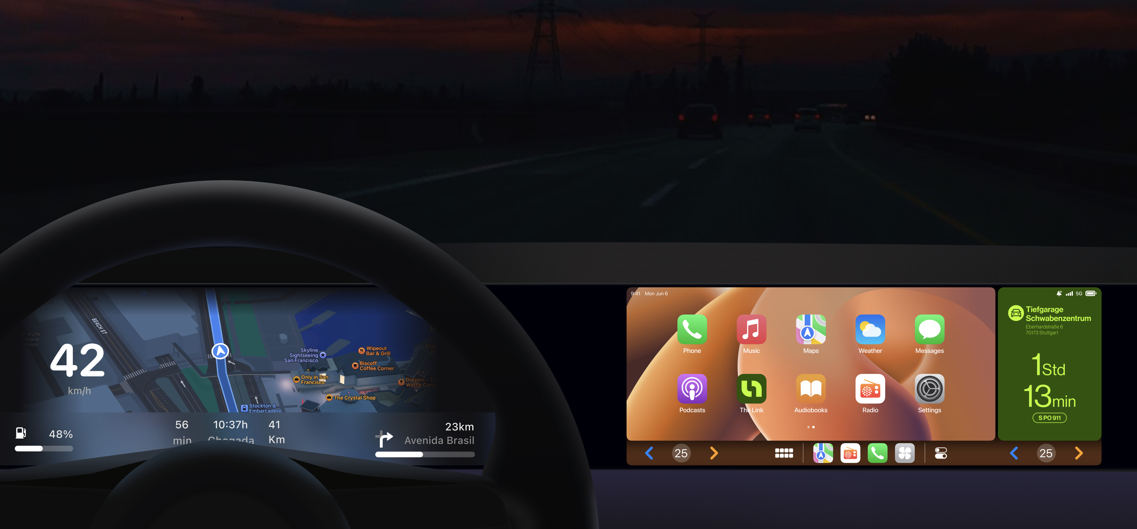 Konzeptioneller CarPlay-Screen im Fahrzeug mit The-Link-Statusbereich für das Parken