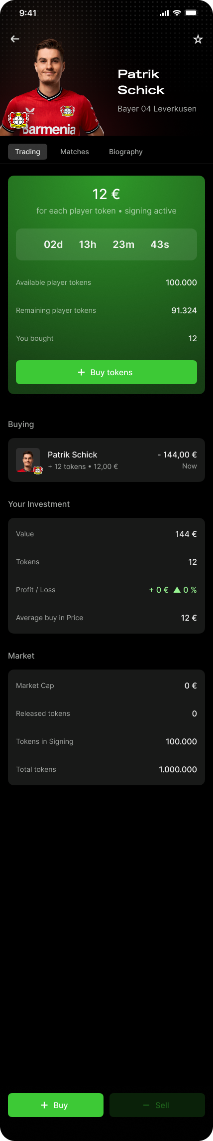 Upper section of Patrik Schick's player view with token offer and purchase entry point