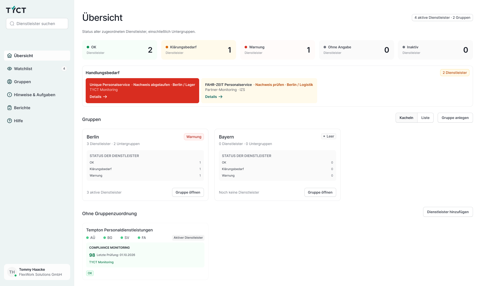 TYCT-Dashboard mit fünf getrennten Statuskategorien, konkreten Hinweisen auf betroffene Dienstleister und neutralen Gruppenflächen