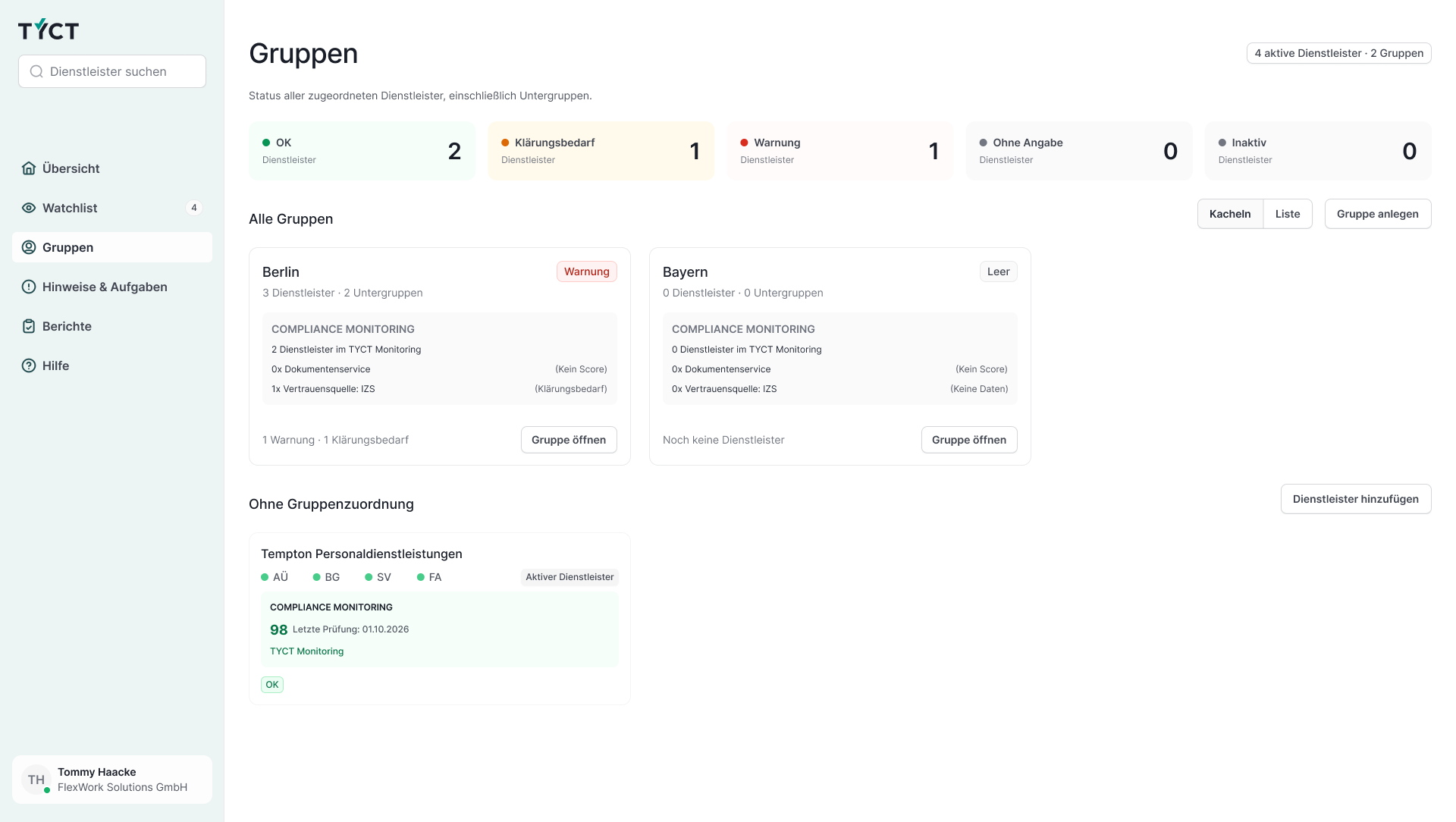 Aktueller TYCT-Gruppenentwurf mit neutralen Flächen, getrennten Statuskategorien und Angaben zu Monitoring und externen Quellen