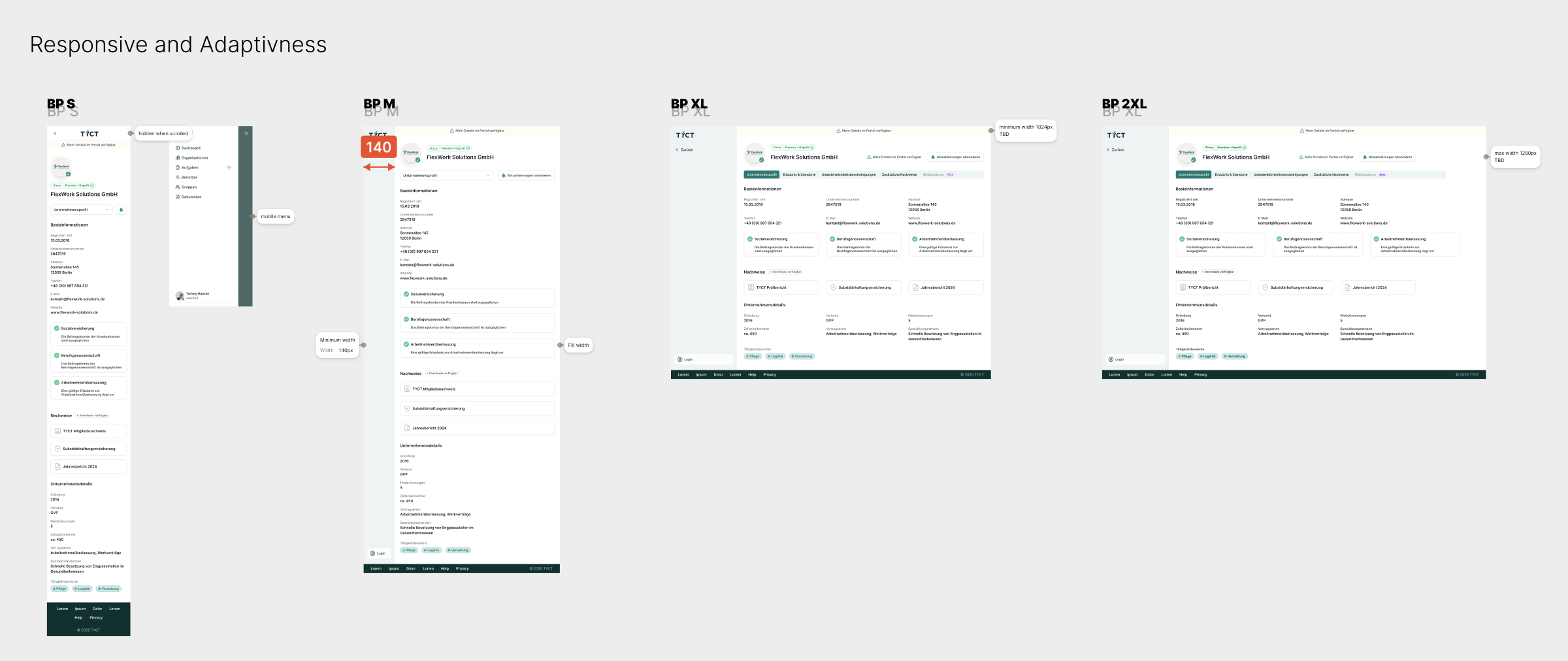 Originale responsive Spezifikation eines TYCT-Unternehmensprofils mit schmalen und breiten Ansichten sowie Hinweisen zu Navigation und Inhaltsbreite